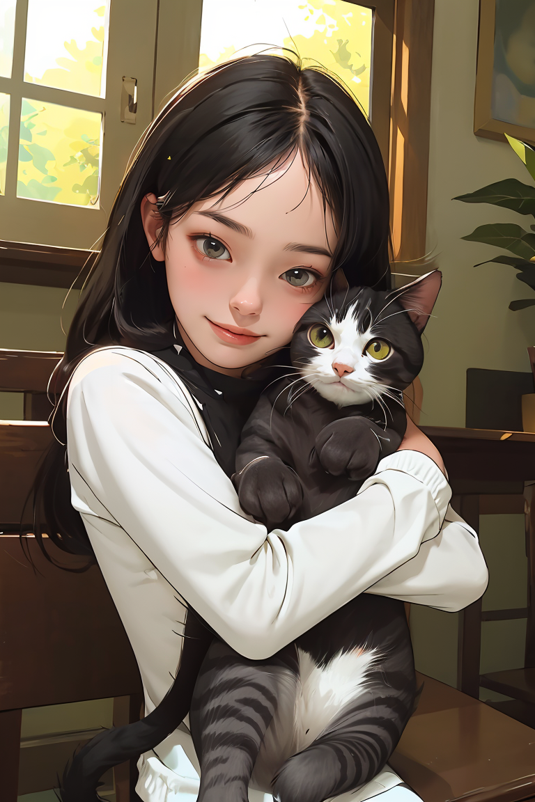(best quality, masterpiece), 1girl, hug cat, happy,